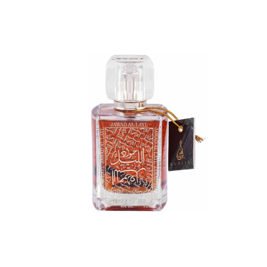 KHALIS – JAWAD AL LAYL unisex parfumflacon op witte achtergrond met karamel, citrus en oud – een oosterse geur met warme, zoete elegantie