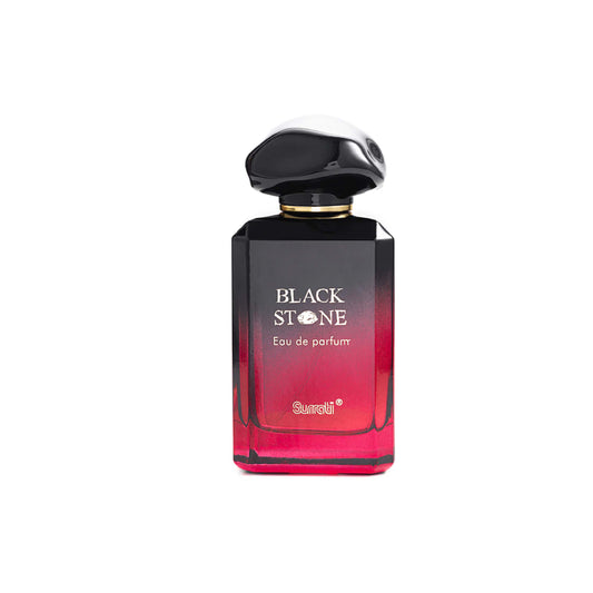 SURRATI – BLACK STONE unisex parfumflacon op witte achtergrond met seringen, amber en bosbessen – een bloemige oosterse geur met warme diepte