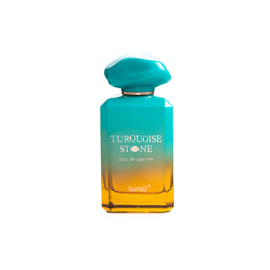 SURRATI – TURQUOISE STONE unisex parfumflacon op witte achtergrond met amandel, bergamot en kokos – een zonnige en elegante geur met bloemige warmte