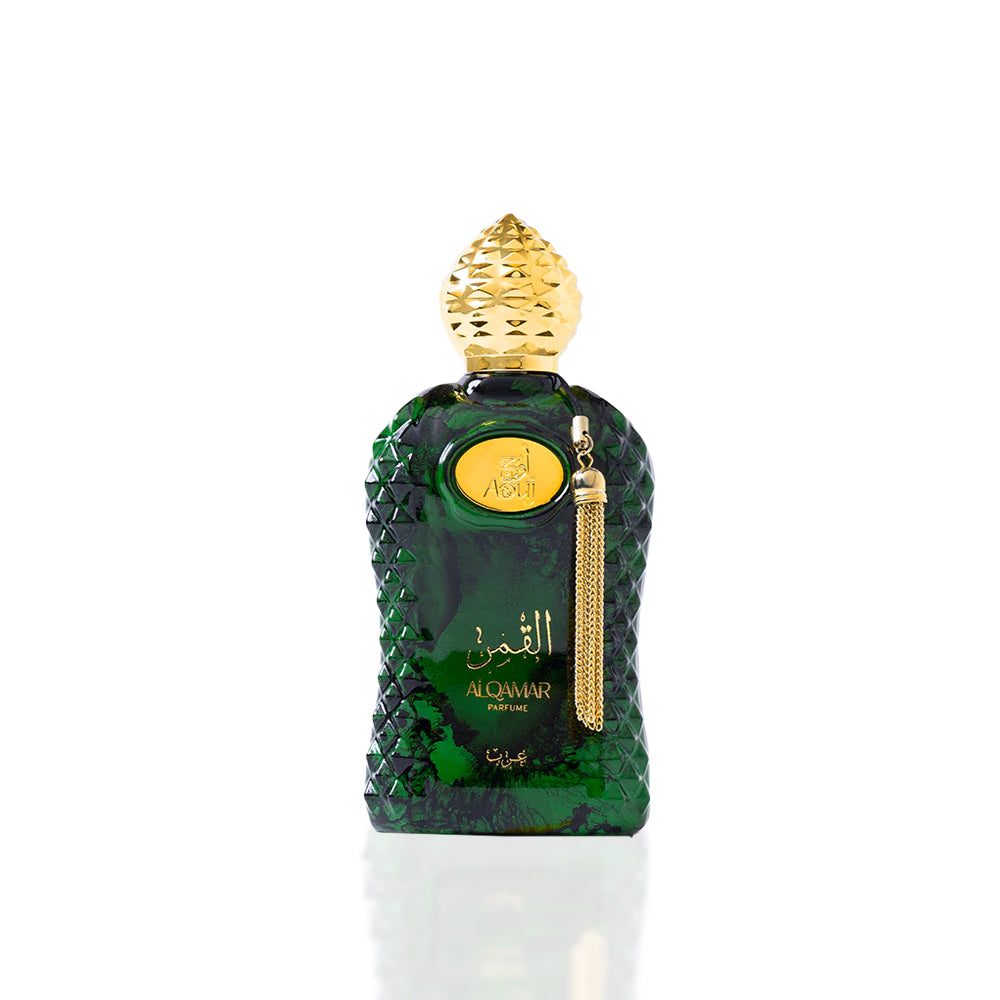 AOUJ – ALQAMAR unisex parfumflacon op witte achtergrond met patchouli, amber en leder – een mysterieuze geur geïnspireerd op de magie van de nacht
