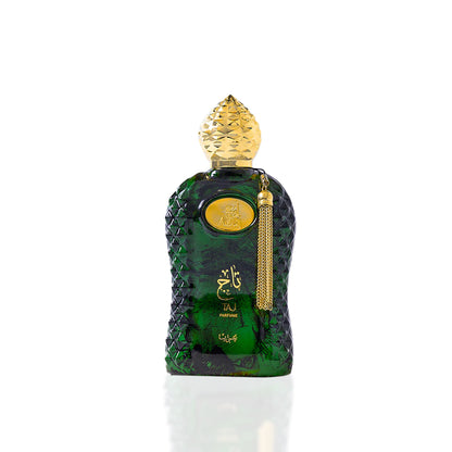 AOUJ – TAJ unisex parfumflacon op witte achtergrond met framboos, wierook en Bulgaarse roos – een krachtige en mysterieuze geur