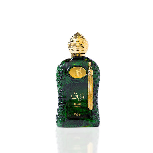 AOUJ – TARAF unisex parfumflacon op witte achtergrond met rokerig leder, wierook en hout – een krachtige geur vol elegantie en traditie