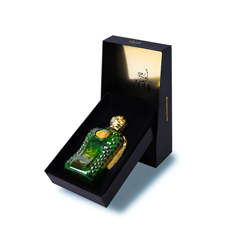 AOUJ – TARAF parfum gepresenteerd in open verpakking – een luxueuze geur geïnspireerd op rokerig leder en de rijkdom van het Midden-Oosten