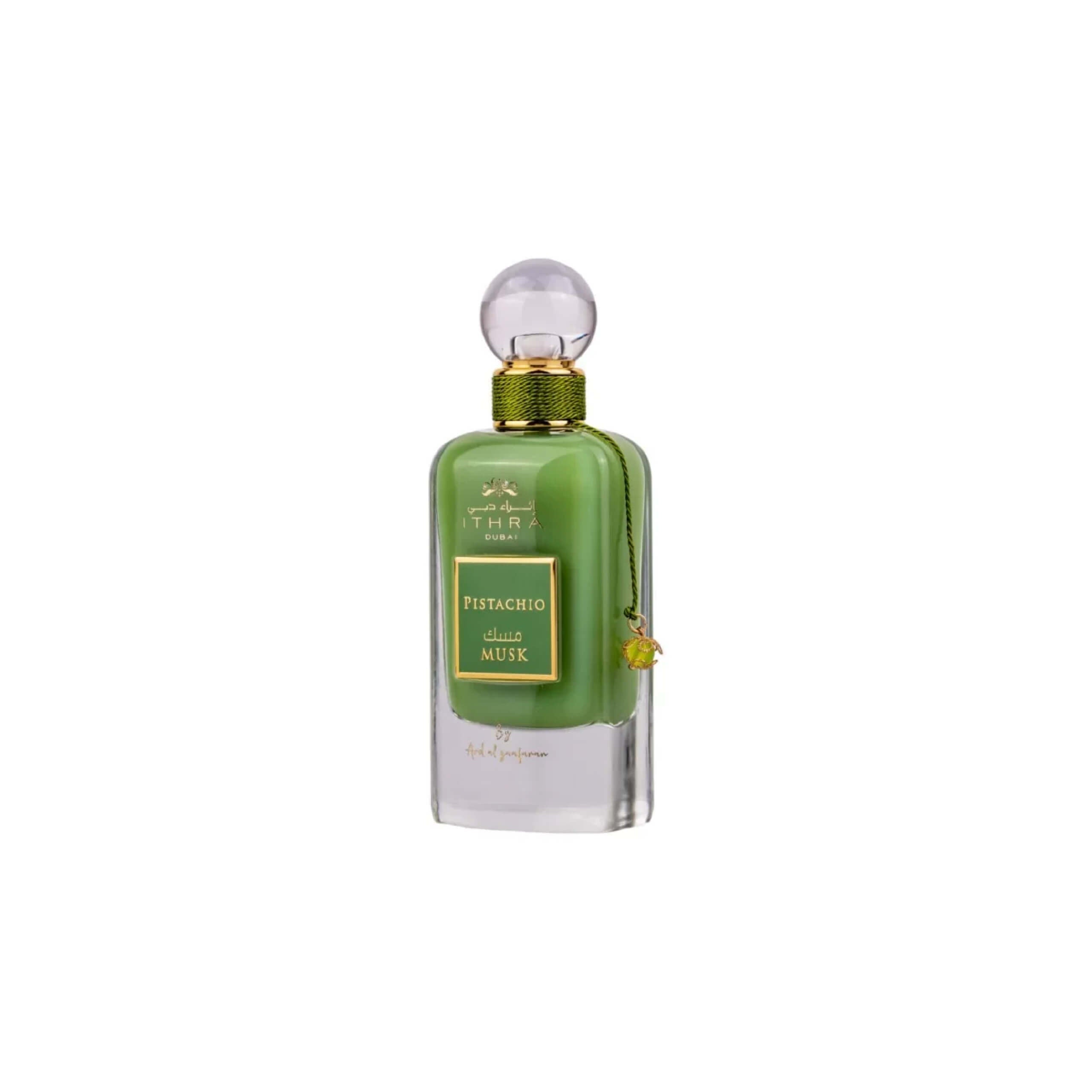 ARD AL ZAAFRAN – DUBAI MUSK PISTACHIO unisex parfumflacon op witte achtergrond met pistache, roos en musk – een zachte, elegante geur met een warme finish