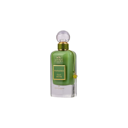 ARD AL ZAAFRAN – DUBAI MUSK PISTACHIO unisex parfumflacon op witte achtergrond met pistache, roos en musk – een zachte, elegante geur met een warme finish