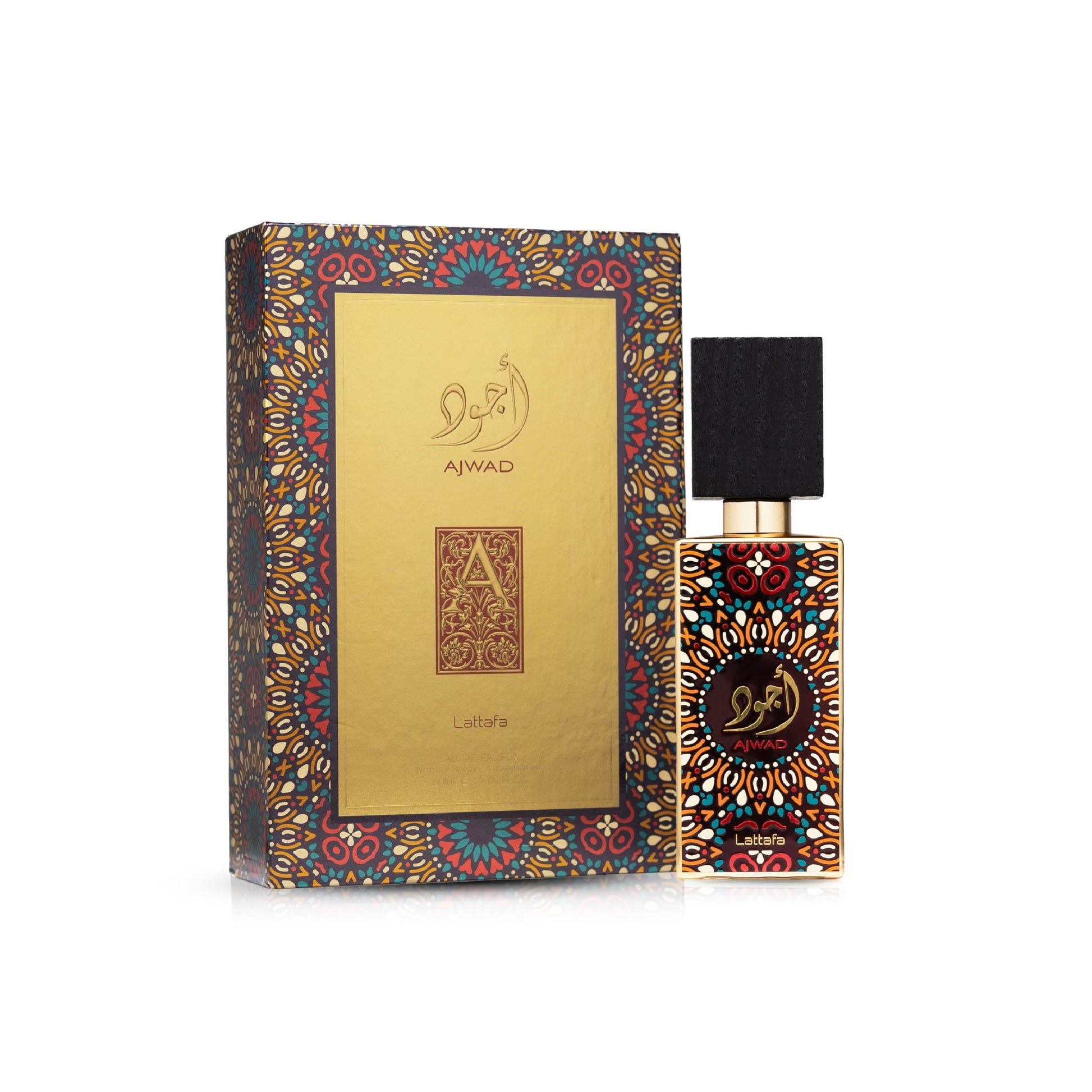 LATTAFA – AJWAD parfumverpakking gesloten – een luxe oosterse geurpresentatie met amber, vanille, muskus en een vleugje fruitigheid