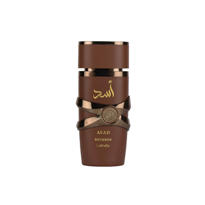 LATTAFA – ASAD BOURBON unisex parfumflacon op witte achtergrond met lavendel, cacao en bourbonvanille – een krachtige geur vol luxe en diepte