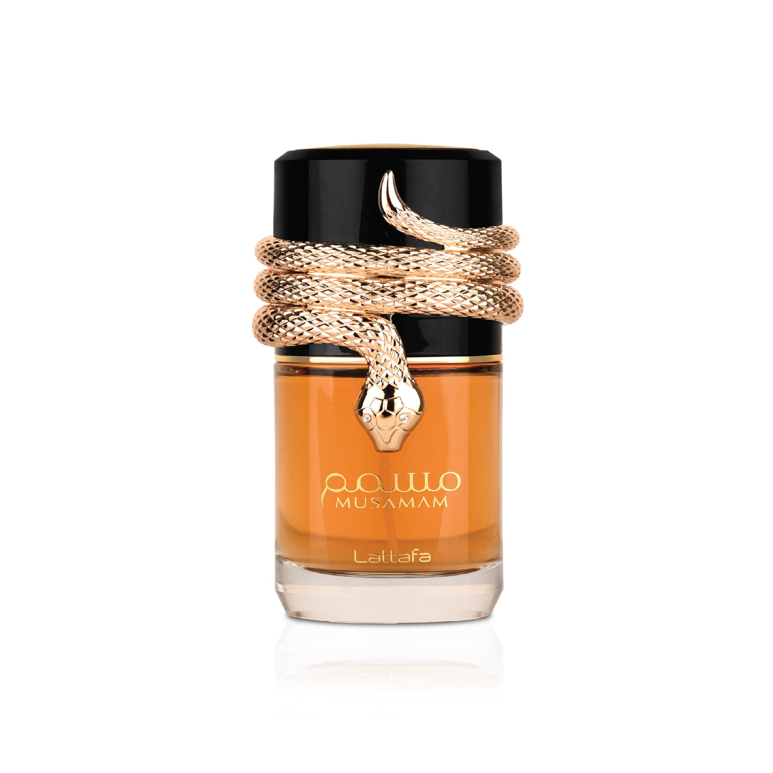 LATTAFA – MUSAMAM unisex parfumflacon op witte achtergrond met saffraan, lavendel en wierook – een aromatische en houtachtige geur vol elegantie