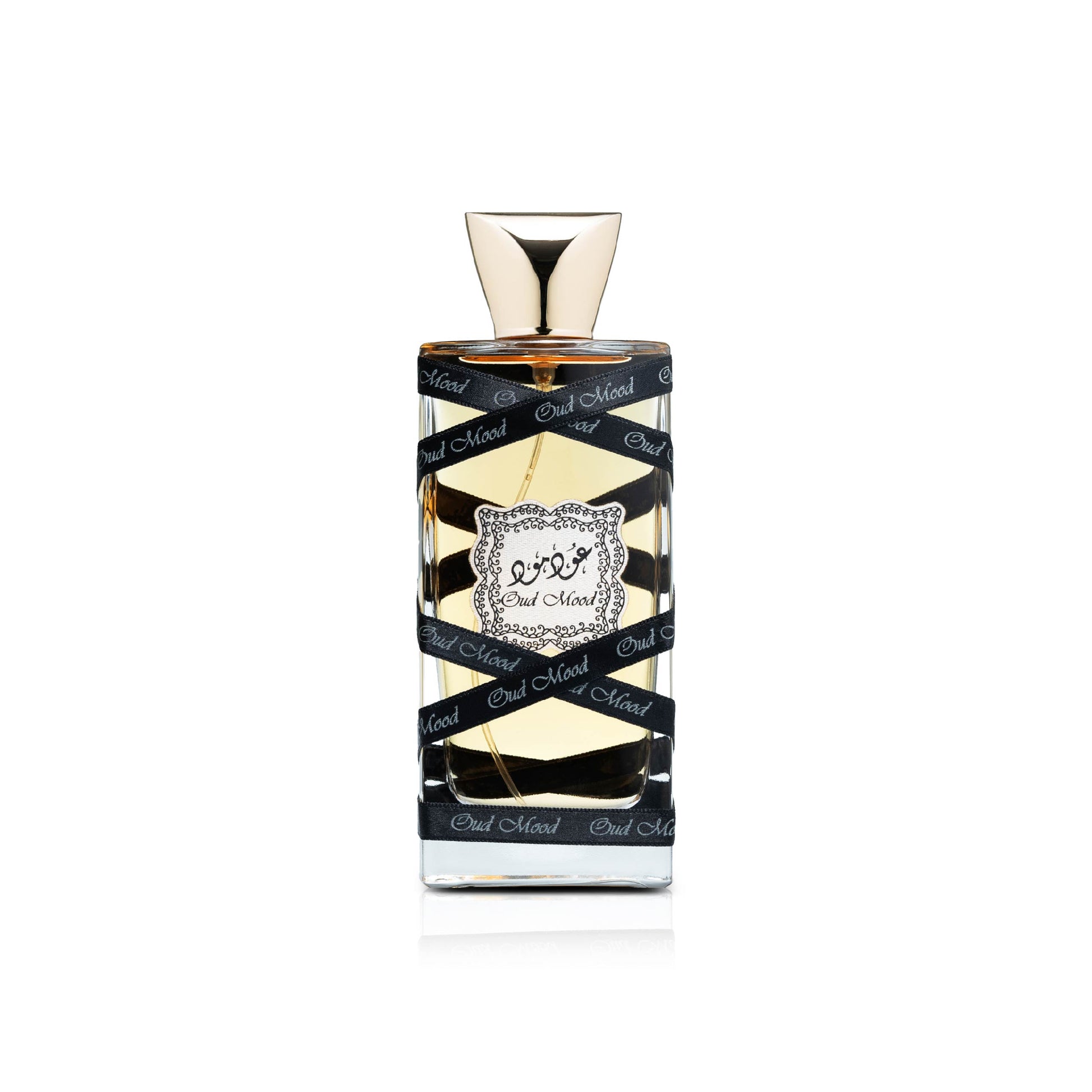 LATTAFA – OUD MOOD unisex parfumflacon op witte achtergrond met nootmuskaat, oud hout en vanille – een warme oosterse geur vol diepte en luxe