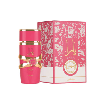 LATTAFA – YARA CANDY parfum met flacon en verpakking – een fruitige en gourmand damesgeur met bruisend snoep, gardenia en een romige vanillebasis