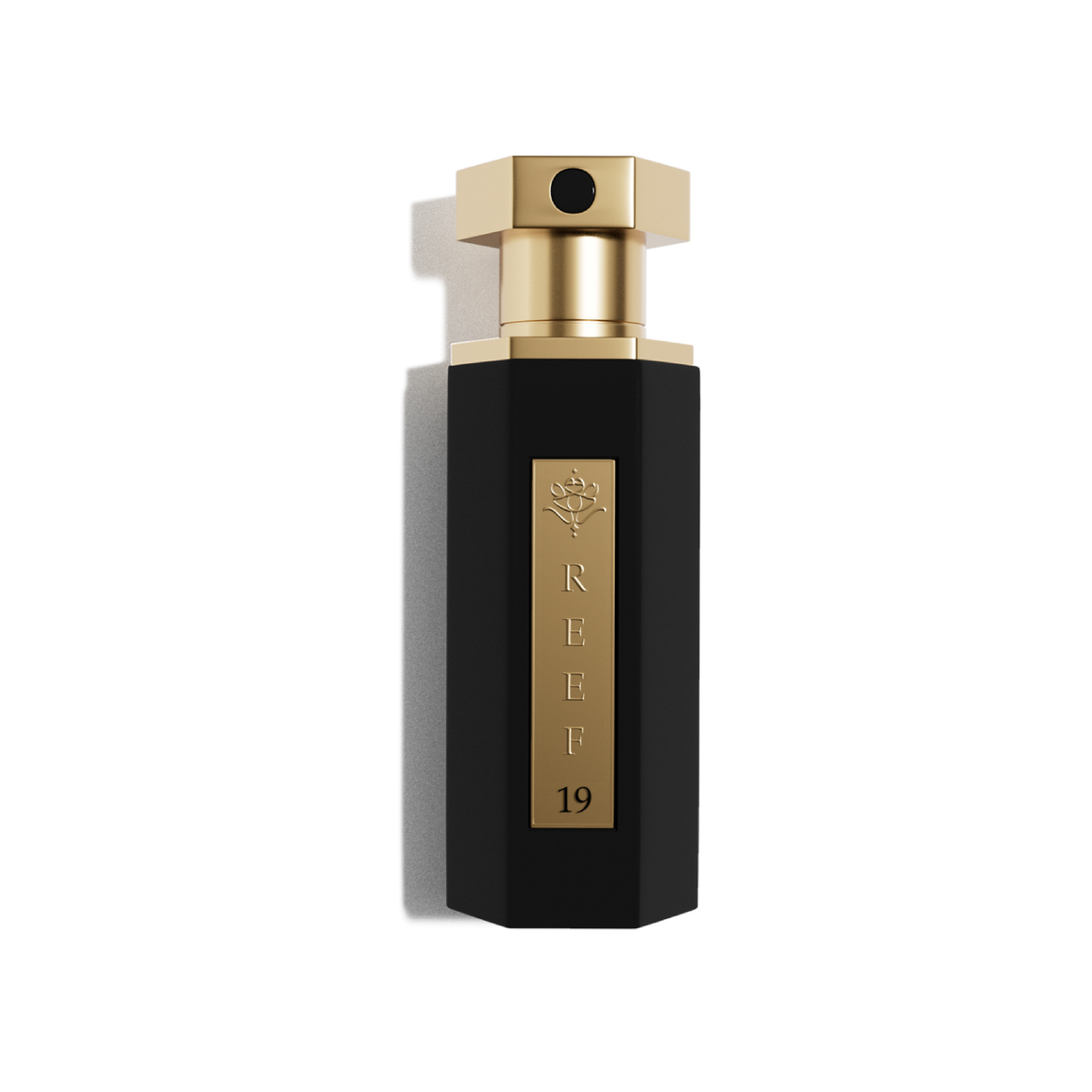 REEF – 19 mini unisex parfumflacon op witte achtergrond met roze lelie, jasmijn en witte muskus – een stralende en elegante geur in compact formaat