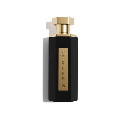 REEF – 29 damesparfumflacon op witte achtergrond met saffraan, iris en ambergris – een elegante en tijdloze geur met warme, bloemige luxe