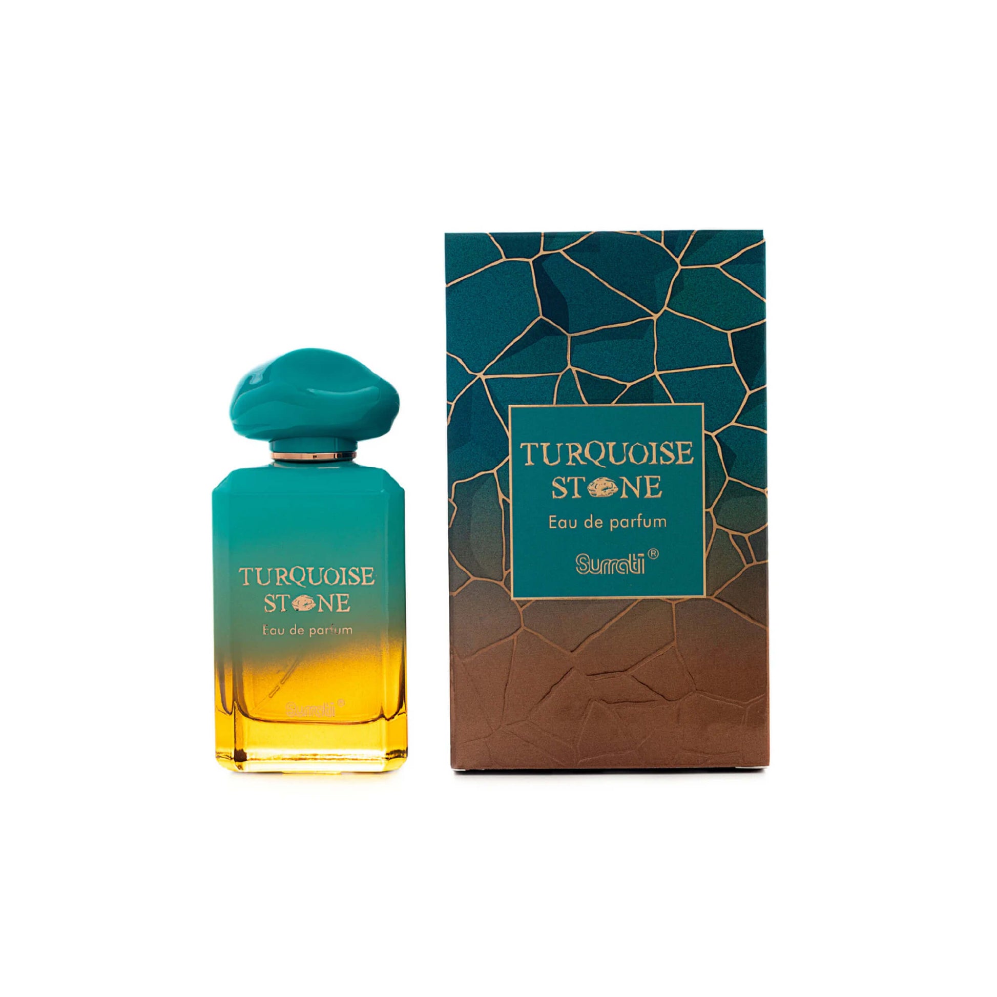 SURRATI – TURQUOISE STONE parfum met flacon en verpakking – een verfijnde geur met bloemige hartnoten en een zachte, warme basis van vanille en tonkaboon