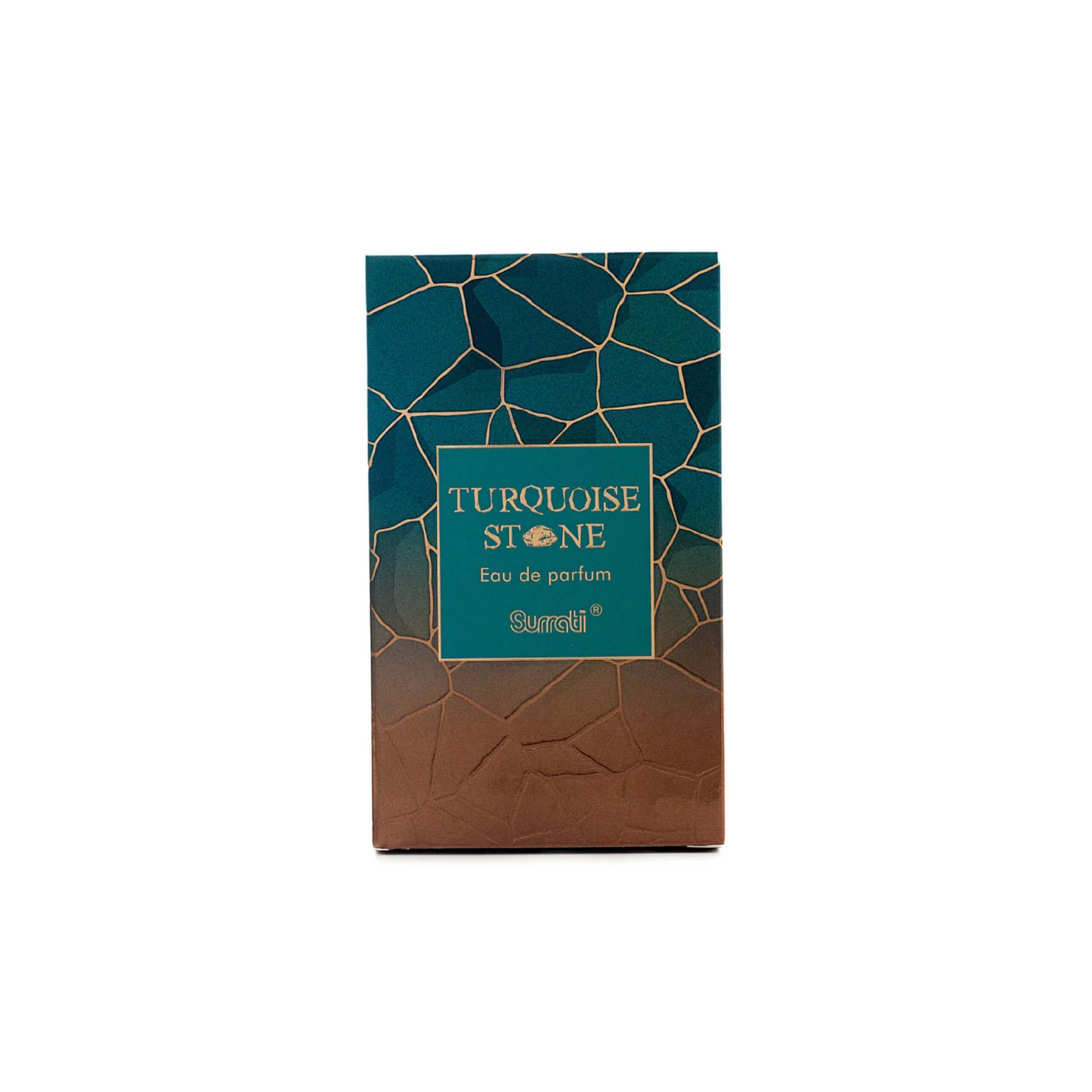 SURRATI – TURQUOISE STONE parfumverpakking gesloten – een luxe geurpresentatie die frisheid, zon en sensuele diepte samenbrengt